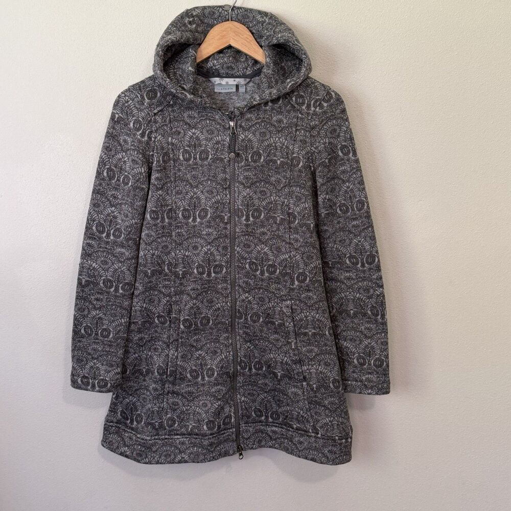 Athleta Hooded Longline Sweater Jacket Full Zip Gray Mandala Pattern Womens S